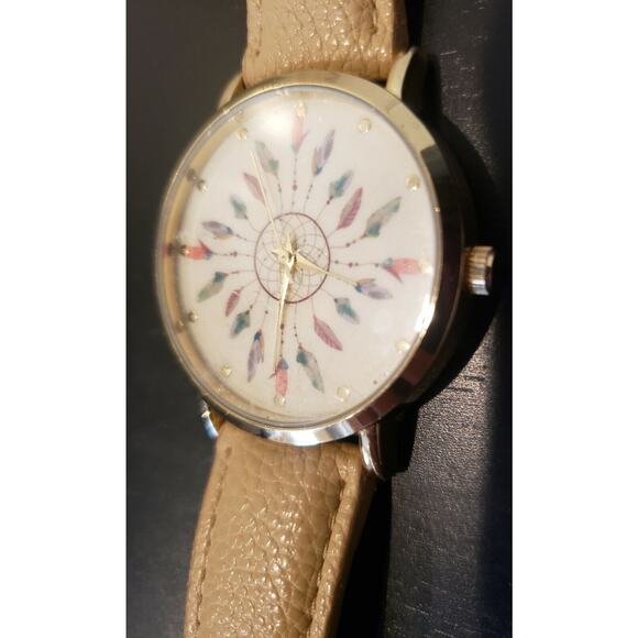 Stainless Steel WMS9F44 Japan Movt Leather Band Feather Watch Gold Dial New - Picture 2 of 5